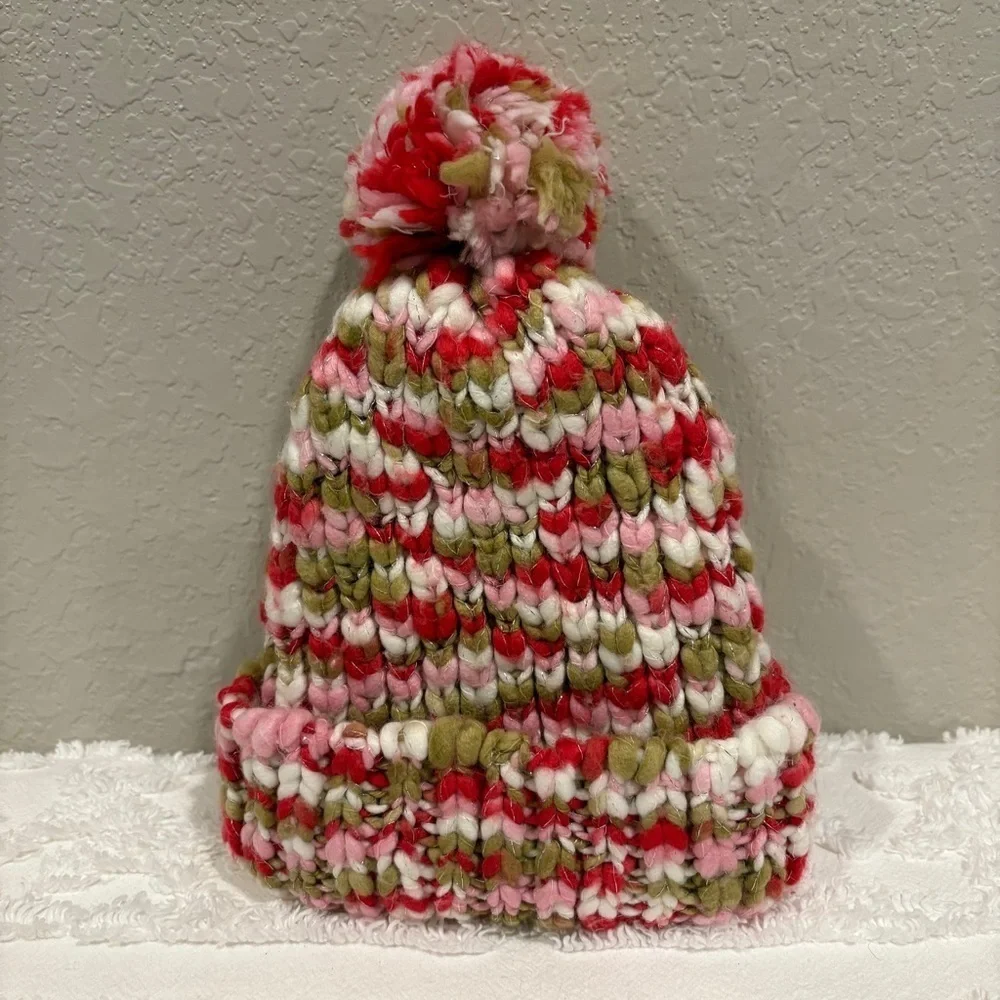 KNITTED CUFFED POM BEANIE Toddler Girl Sz OS Casual Cozy Winter Cabin Northern
